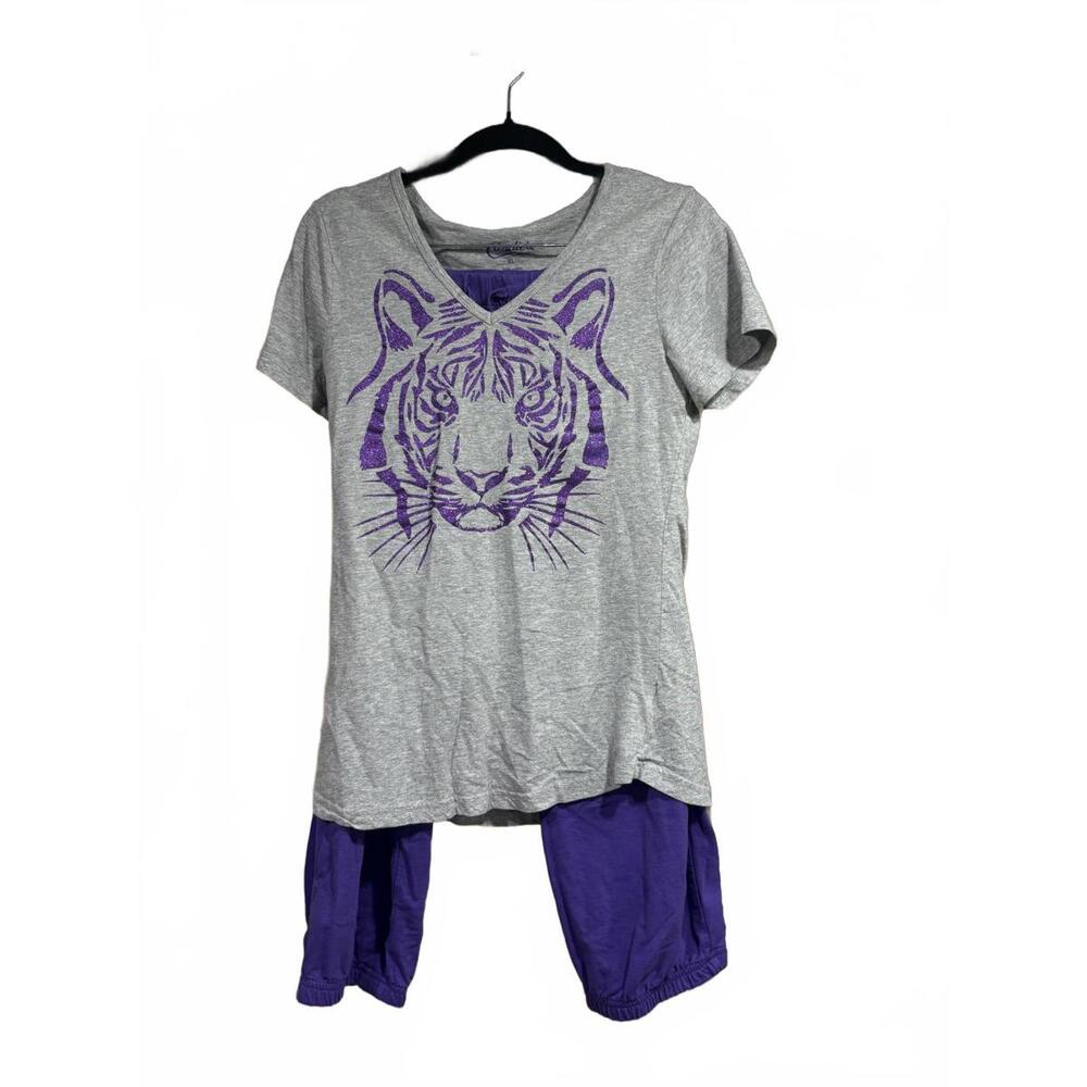 Women's Two-Piece Pajama Set with Tiger Print Top and Purple